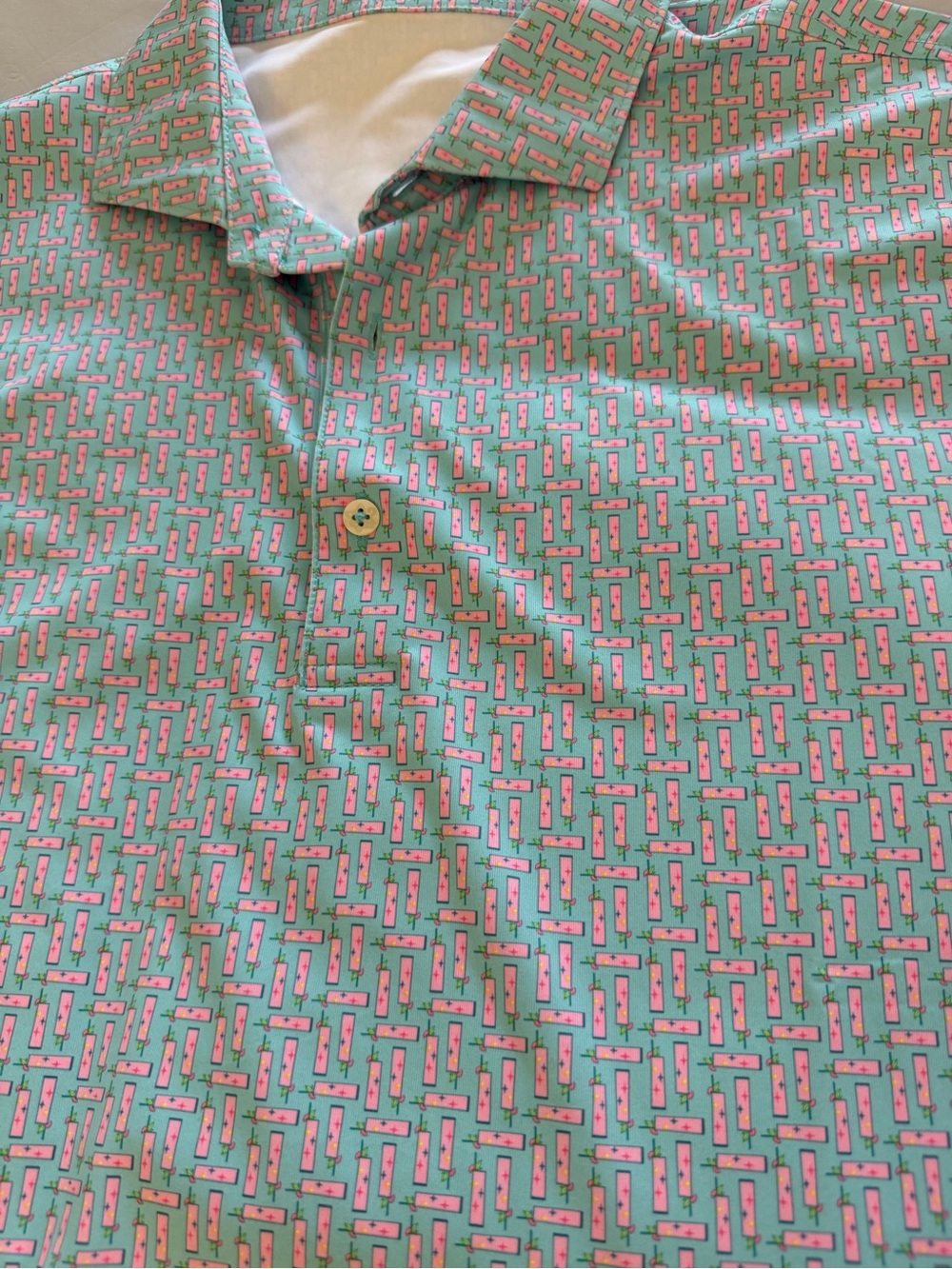 Men's Casual Button-Down Shirt in Mint Green with Pink Print